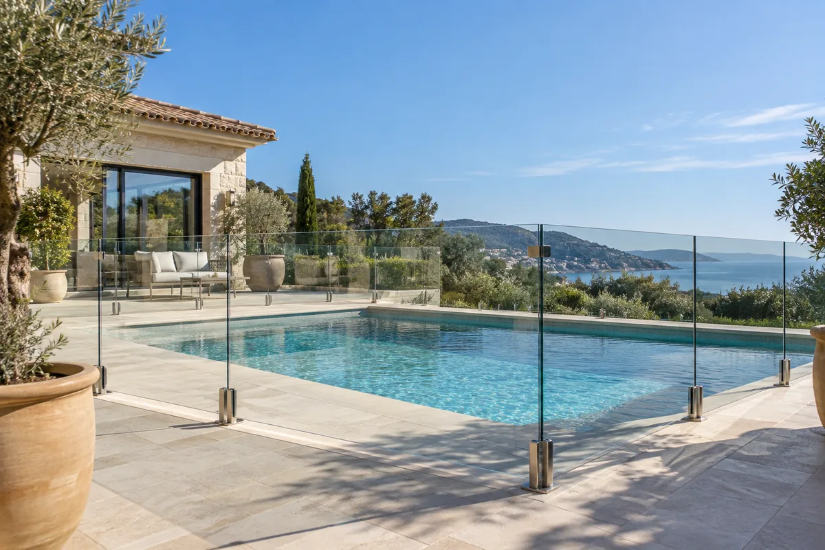 Barrière de sécurité vitrée autour de la piscine d&rsquo;une villa, dalles claires et oliviers en pot sous un ciel bleu