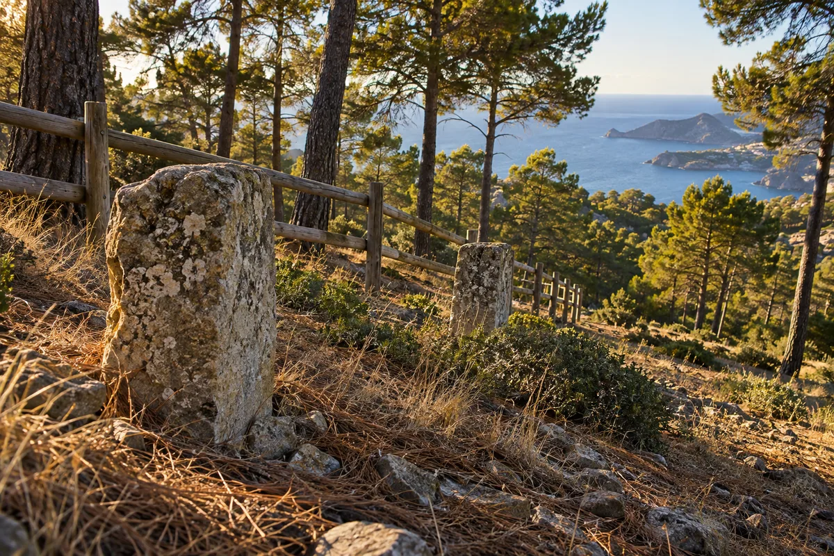 Bornes de pierre et clôture en bois à la limite d&rsquo;un grand terrain en pente planté de pins, mer au loin sous une lumière rasante
