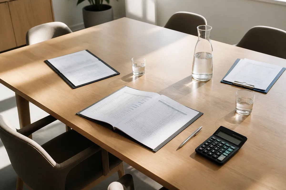 Assemblée générale de copropriété dans une salle claire, documents et budget étalés sur la table