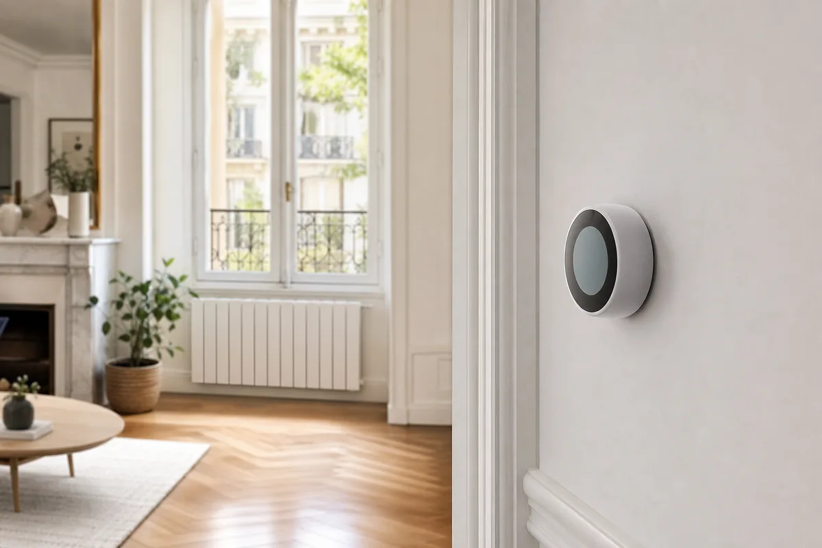 Thermostat mural moderne et radiateur dans un salon lumineux d’un logement rénové