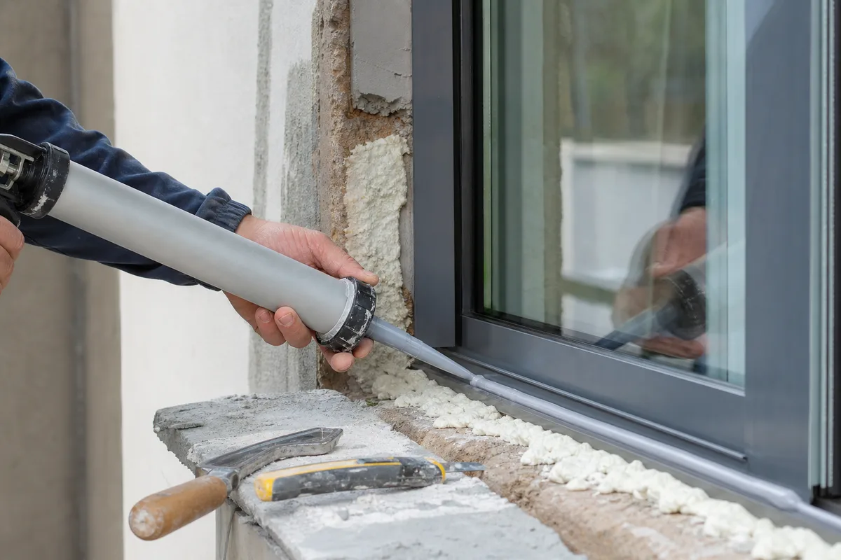 Pose d’une fenêtre à double vitrage sur la façade d’une maison en rénovation