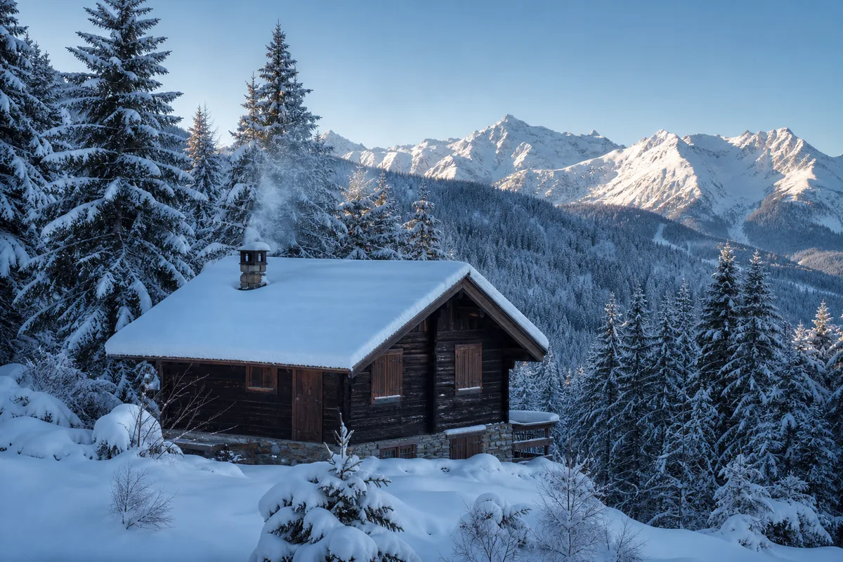 Chalet en bois sous la neige dans un paysage de montagne des Hautes-Alpes en hiver