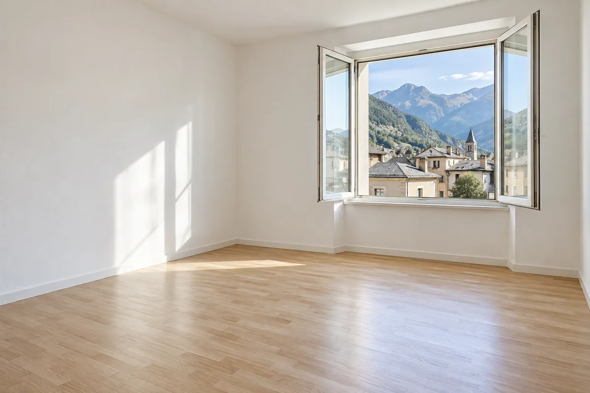 Appartement vide fraîchement repeint avec parquet clair et fenêtre ouverte sur des toits de montagne
