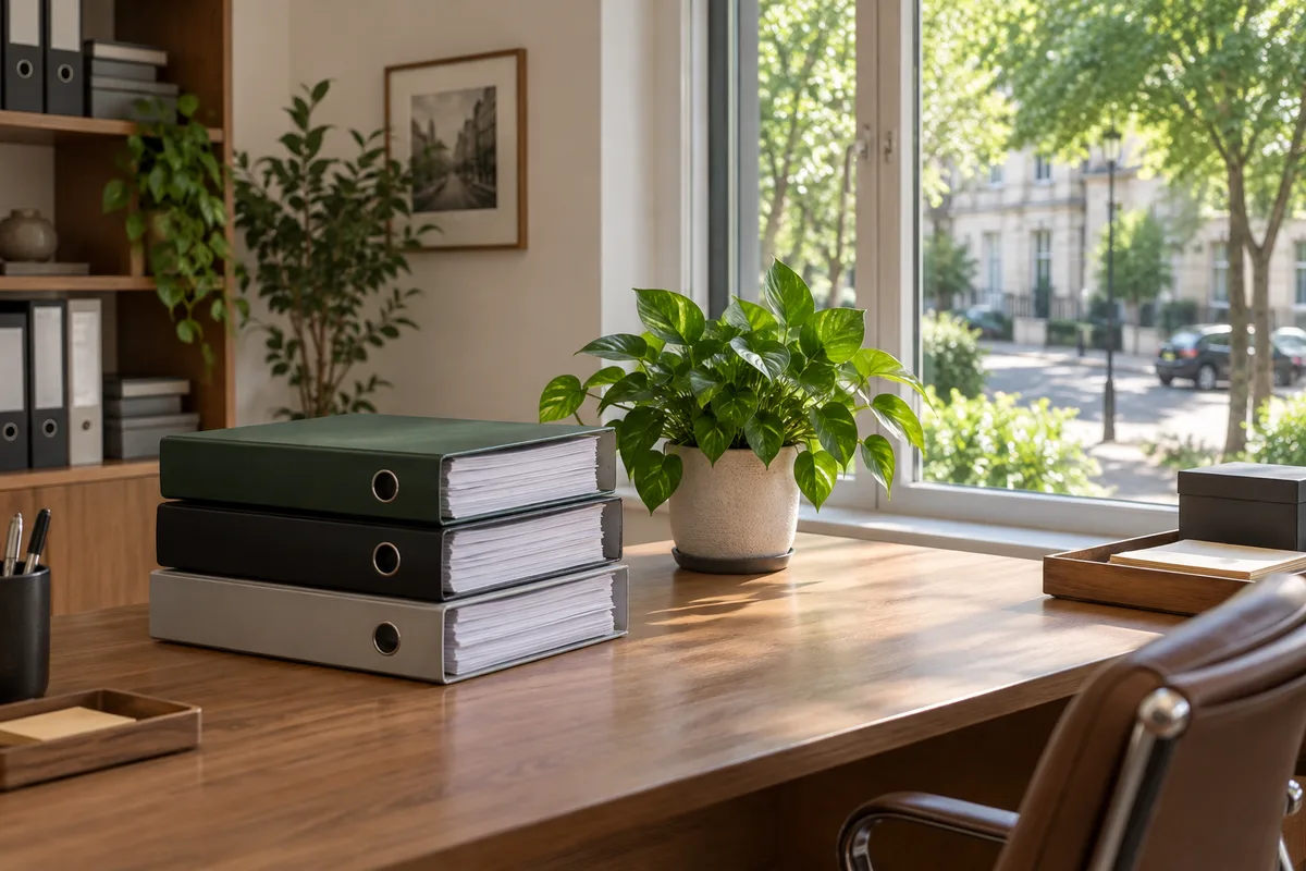 Bureau rangé avec classeurs fermés et plante verte devant une fenêtre donnant sur une rue calme