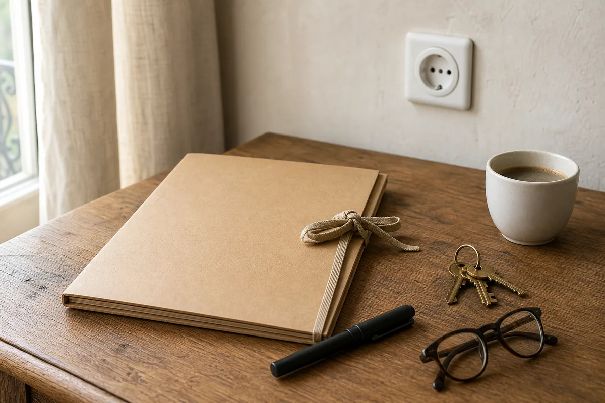 Chemise cartonnée fermée, stylo, lunettes et trousseau de clés sur une table en chêne avant la vente d&rsquo;un logement