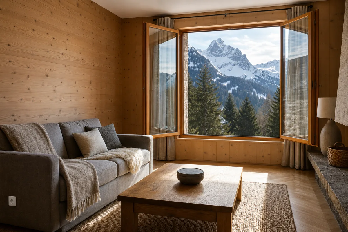 Séjour d&rsquo;un appartement de montagne meublé, murs en bois clair et fenêtre ouverte sur les sommets